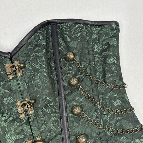Charmian Green Gold Ornate Corset Whimsigoth Steampunk Regency Boustier Women XL - Picture 3 of 15